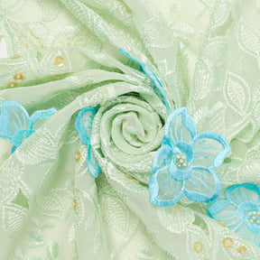 Blue Floral Embroidery On Green Chiffon Fabric SV580946 2