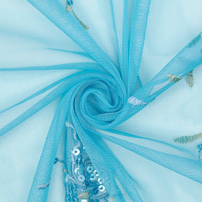 Turquoise Trillium Sequin Embroidered Mesh Fabric SV576379 2