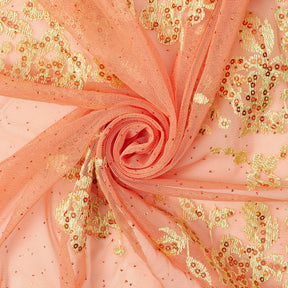 Yellow Floral Embroidery On Peach Mesh Fabric SV580938 1