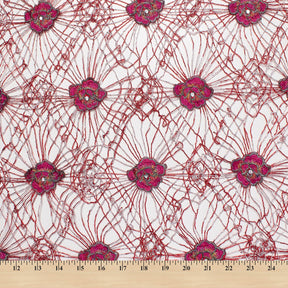 Embroidered Daisy Floral Corded Lace Fabric SV581167 Red / Silver 4
