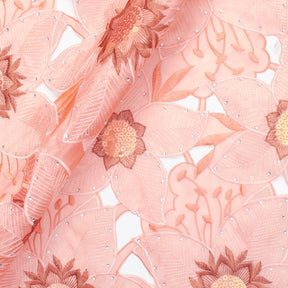 Salmon Anemone Floral Rhinestone Organza Lace Fabric SV576462 1