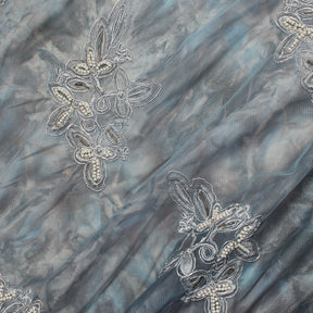 Beaded Floral Embroidery On Mesh Printed Floral Chiffon Fabric SV581039 1