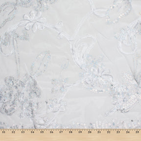 Embroidered Floral Ribbon And Sequins On Mesh Fabric SV581076 White 2