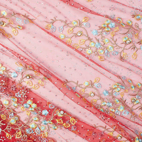 Red Farina Beaded Embroidery Sequins On Mesh Fabric SV574573 Red 1