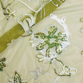 Embroidered Floral Ribbon And Sequins On Mesh Fabric SV581569 Olive 1