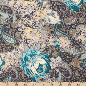 Floral Paisley Printed Tissue Faille Fabric SV582006 Black / Blue 4
