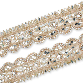 2 Inch Mirror Rhinestones Metallic Cording On Mesh Lace Trim SV581922 Champagne A1
