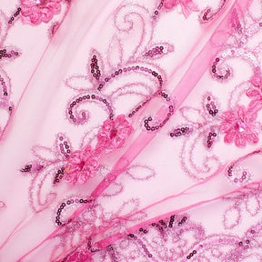 Rhinestone Floral Ribbon With Corded Sequined Vines On Mesh Fabric SV581646 Fuchsia 1