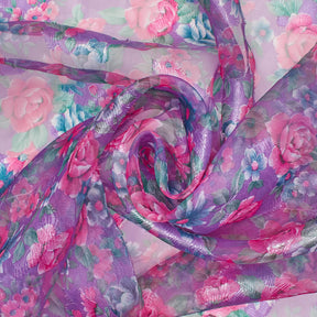 Rosey Embroidered Flowers On Floral Printed Organza Fabric SV581641 2