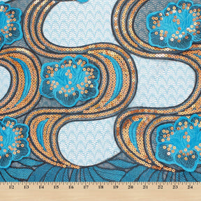 Gardenia Floral Sequin Embroidery On Mesh Fabric SV581016 Turquoise 4