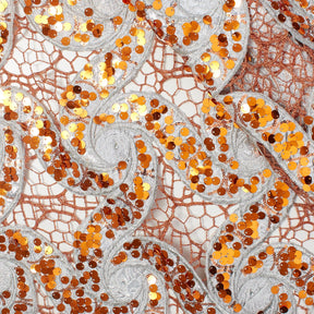 Metallic Floral Sequin Brocade On Orange Chemical Lace Fabric SV576498 1