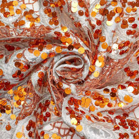 Metallic Floral Sequin Brocade On Orange Chemical Lace Fabric SV576498 2