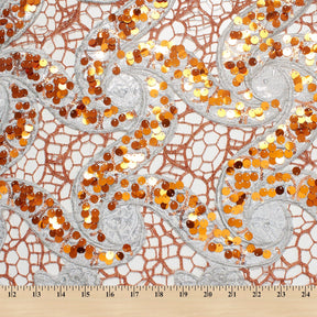 Metallic Floral Sequin Brocade On Orange Chemical Lace Fabric SV576498 4