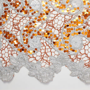 Metallic Floral Sequin Brocade On Orange Chemical Lace Fabric SV576498 3
