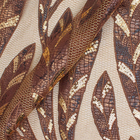 Brown Embroidered Sequin Leaves On Gold Mesh Fabric SV580985 1