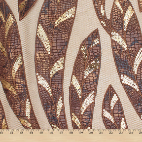 Brown Embroidered Sequin Leaves On Gold Mesh Fabric SV580985 3