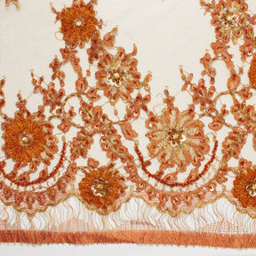 Orange Floral Embroidery On Lace Fabric SV580932 3