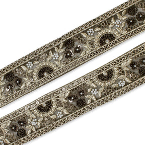 Sunshine Garden Floral Beaded Sequin Metallic Embroidery On 2 Inch Hemmed Mesh Lace Trim SV582857 Black Image A4