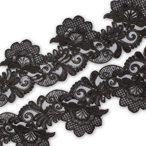 Leafy Floral Corded Sequin Embroidery On 4 Inch Scalloped Mesh Lace Trim SV582561 Black Image A4
