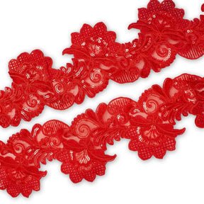 Leafy Floral Corded Sequin Embroidery On 4 Inch Scalloped Mesh Lace Trim SV582526 Red Image A4