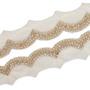 3 Inch Scalloped Regal Rhinestones Beads Metallic Cording On Polyester Mesh Trim SV581904 Beige A1