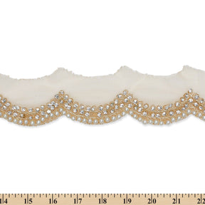 3 Inch Scalloped Regal Rhinestones Beads Metallic Cording On Polyester Mesh Trim SV581899 Champagne A9