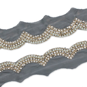 3 Inch Scalloped Regal Rhinestones Beads Metallic Cording On Polyester Mesh Trim SV581905 Black A1