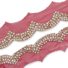 2 Inch Scalloped Regal Rhinestones Beads Metallic Cording On Polyester Mesh Trim SV582088 Burgundy A1