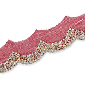 2 Inch Scalloped Regal Rhinestones Beads Metallic Cording On Polyester Mesh Trim SV582088 Burgundy A2