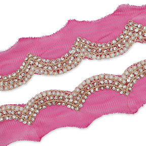 3 Inch Scalloped Regal Rhinestones Beads Metallic Cording On Polyester Mesh Trim SV581908 Fuchsia A1