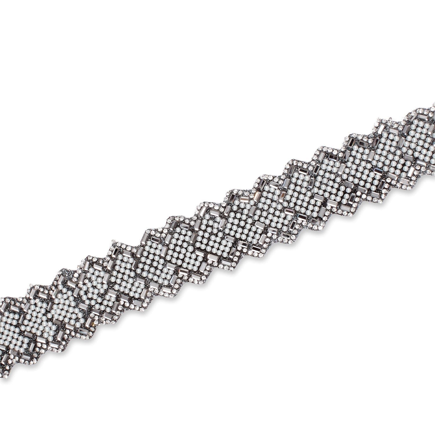 1.25 Inch Pearly Rhinestone Glitter Infused Iron On Scalloped Mesh Fabric Trim SV583000 Grey Image A3
