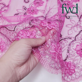 Rhinestone Floral Ribbon With Corded Sequined Vines On Mesh Fuchsia Fabric Video|SV581646