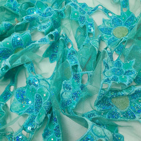 Aqua Blue Sunflower Corded Sequins Lace On Mesh SV576042 2