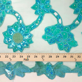 Aqua Blue Sunflower Corded Sequins Lace On Mesh SV576042 3