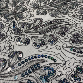Black Floral Metallic Corded Embroidery With Sequins On Mesh Fabric SV576367 2