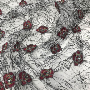 Corded Metallic Lace With Rose Patches Fabric SV576150 Black & Silver 2