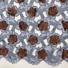 Brown Floral Embroidery On Grey Organza Lace Fabric SV576340 Grey / Brown 2