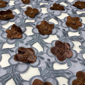 Brown Floral Embroidery On Grey Organza Lace Fabric SV576340 Grey / Brown 1