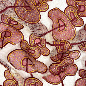 Burgundy Corded Rings Sequins Embroidery Chemical Mesh Fabric SV576466 3