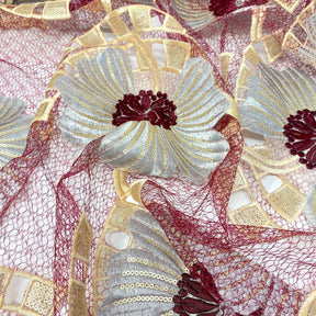 Burgundy Sunflower Patch Embroidered Chemical Lace Fabric SV576446 2