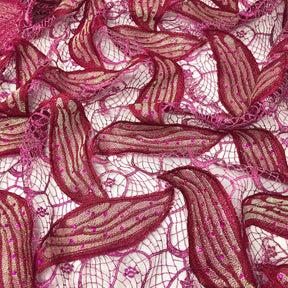 Fuchsia Leaf Corded Embroidery Lace With Stones Fabric SV576057 2