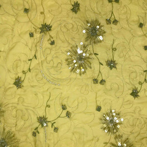 Floral Vine Metallic Embroidery Beaded Georgette Lace Fabric SV576144 Olive 1