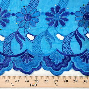Turquoise Daisy Embroidery With Rhinestones On Organza Lace Fabric SV576452 3