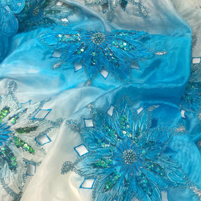 Double Layered Embroidery Pearl With Sequin On Organza Fabric SV576120 Turquoise 2