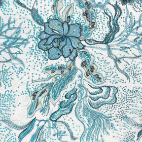 Turquoise Floral Embroidery W Rhinestones On Mesh Fabric SV576455 1
