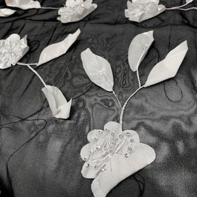 White Daisy Ribbon Patch Embroidery On Black Taffeta Fabric SV576448 2