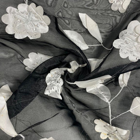 White Daisy Ribbon Patch Embroidery On Black Taffeta Fabric SV576448 3