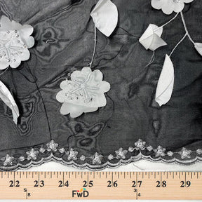 White Daisy Ribbon Patch Embroidery On Black Taffeta Fabric SV576448 4